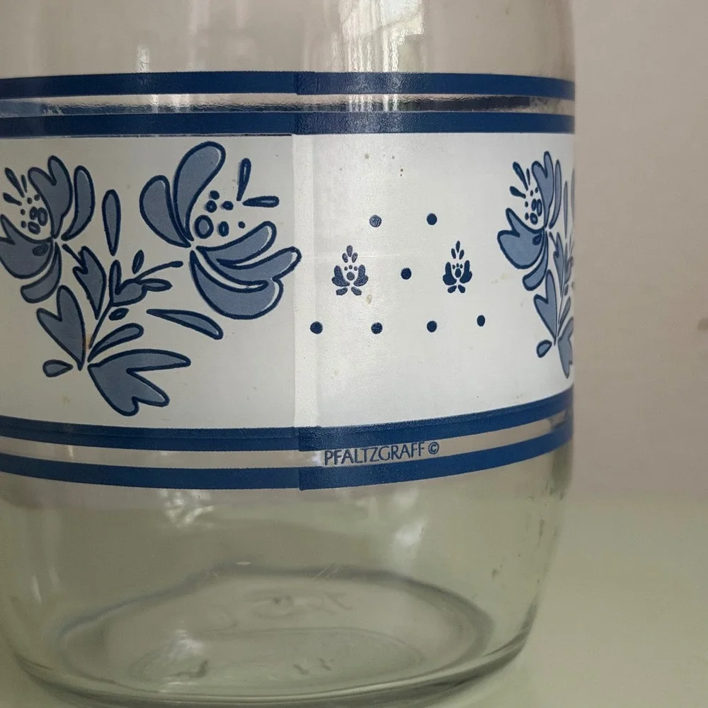 Pfaltzgraff Yorktowne Glass Canister Jar Blue Floral Wire Bale Lid Vintage 8in